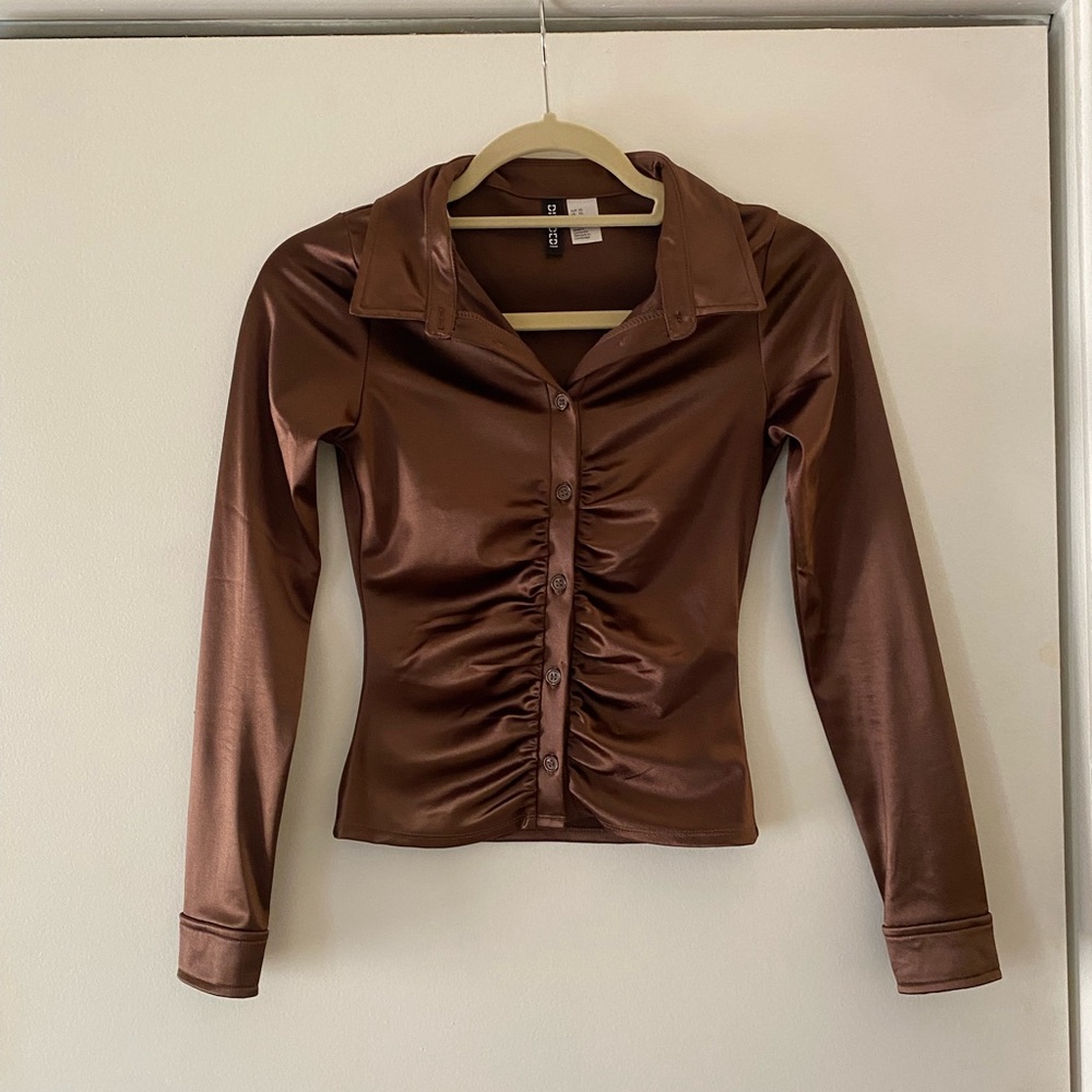 Elegant Satin Brown Long Sleeve Women's Top